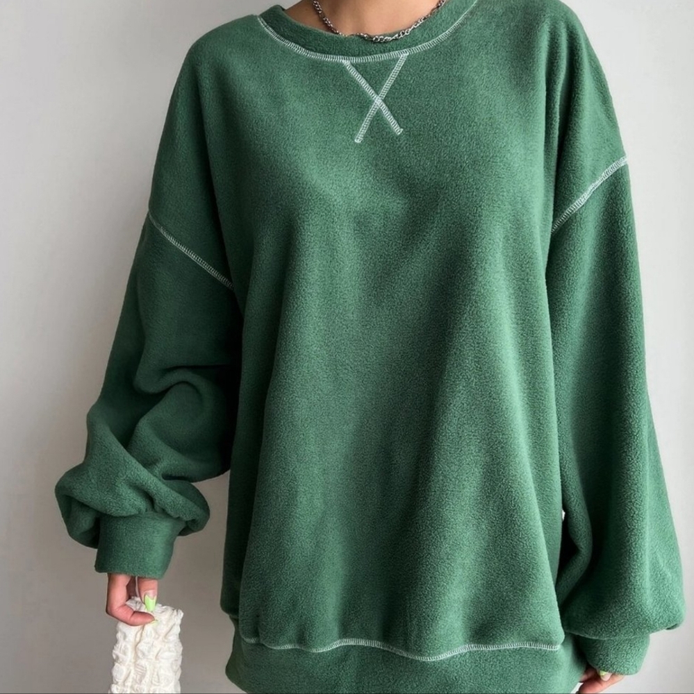 Green Casual Womens Slogan Graphic Drop Shoulder Fleece Oversized Sweatshirt - Picture 3 of 5